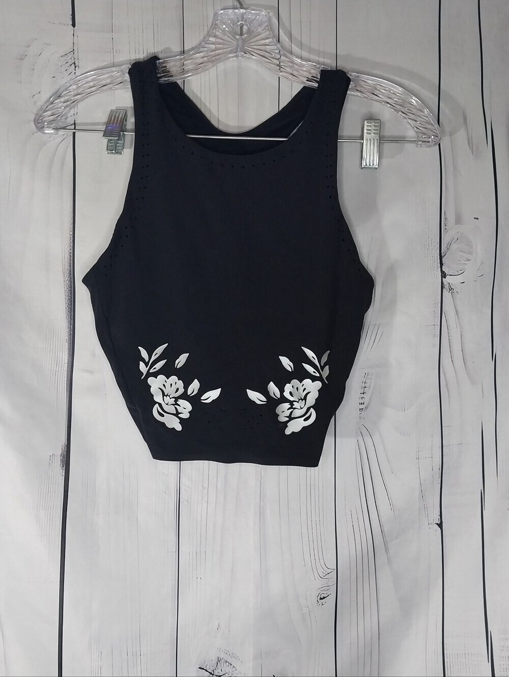 Athleta Black Floral Conscious Eyelet Racerback Cropped Activewear Tank Top
